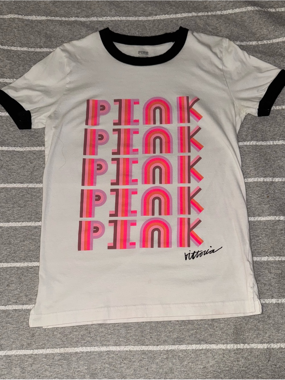PINK Victoria's Secret White Ringer Tee with Pink Multi-Stripe Graphic